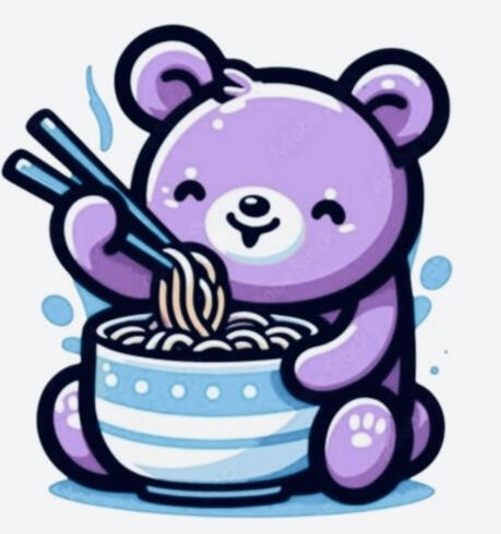 The ADHD Spaghetti Bear Image of a purple bear eating ramen from a blue and white bowl.